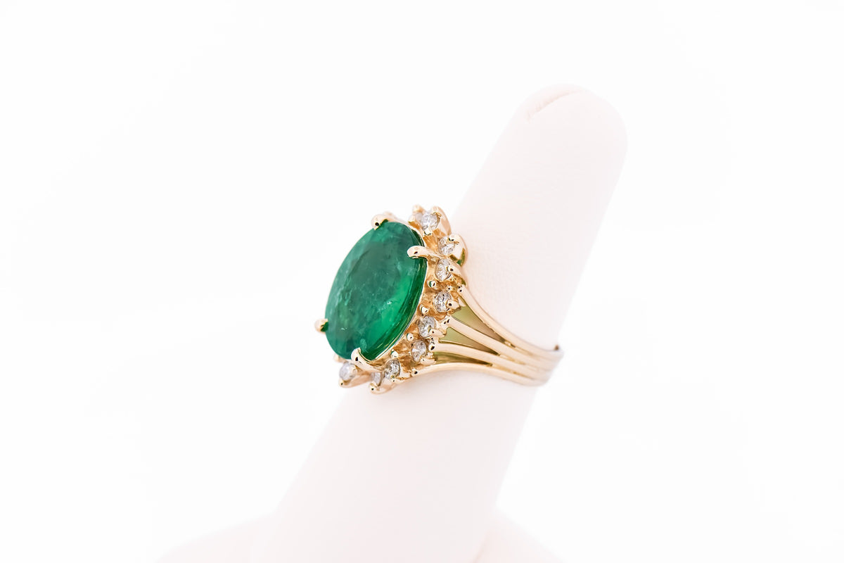 Huge 8ct Natural Emerald Cocktail Ring with Diamond Halo in Yellow Gold