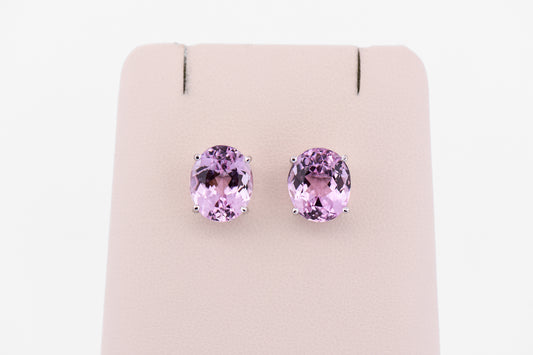 Huge Oval Kunzite Stud Earrings in White Gold
