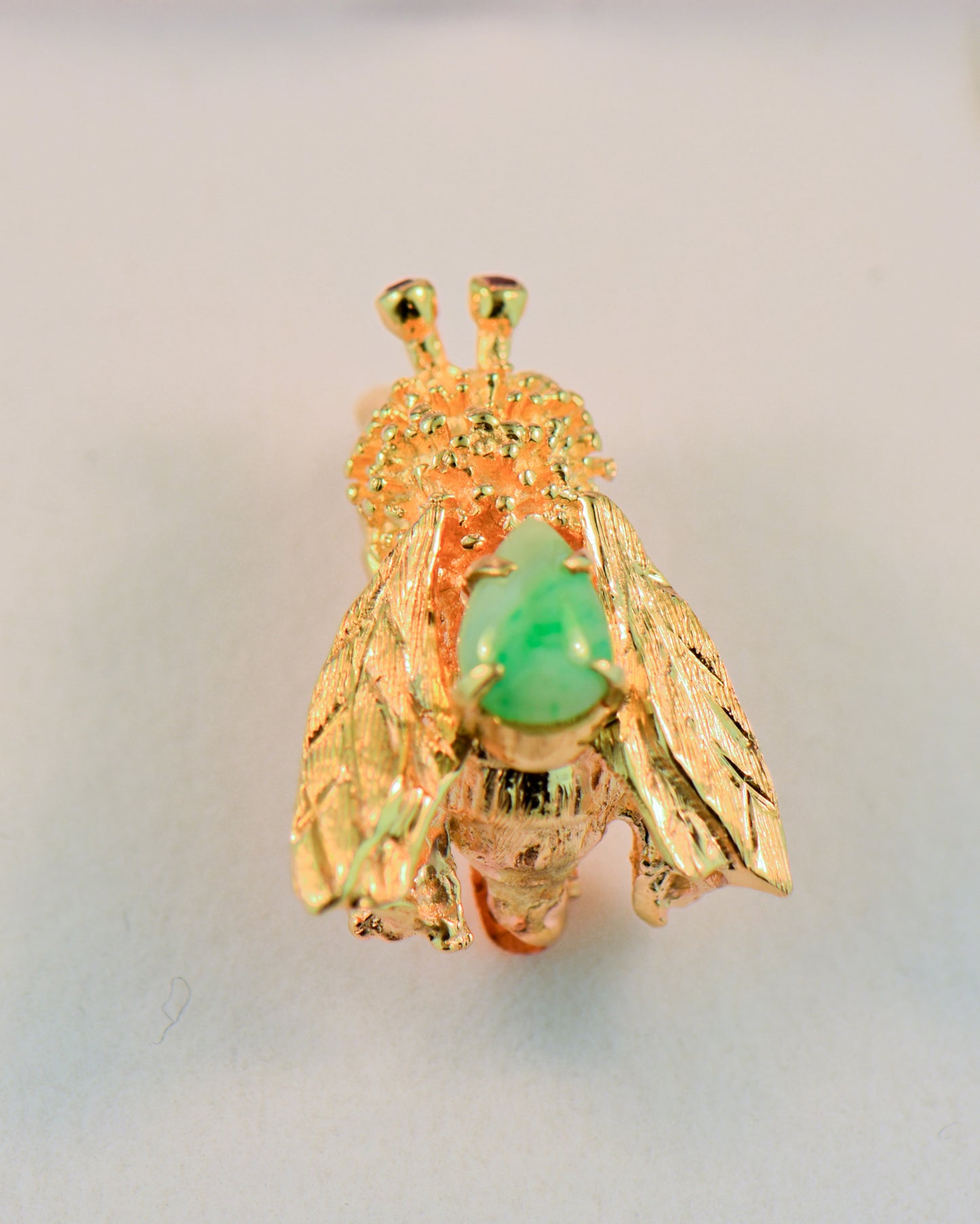 Vintage Gold Bee Brooch with Jade Body & Ruby Eyes