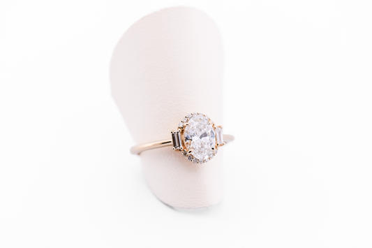 Lab Created Oval Diamond Engagement Ring with Baguette & Round Diamond Halo