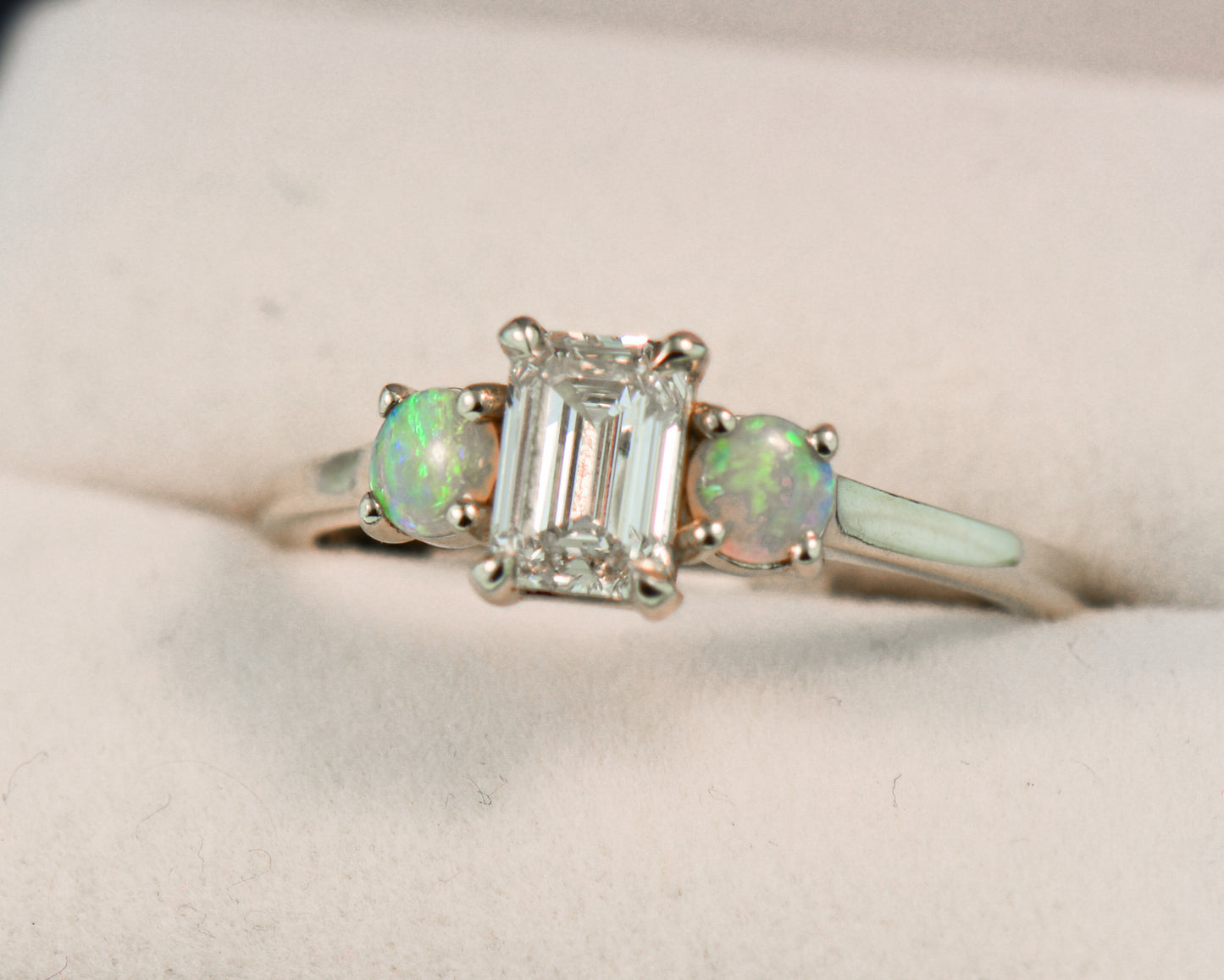 Lab-Created Emerald Cut Diamond & Opal Engagement Ring
