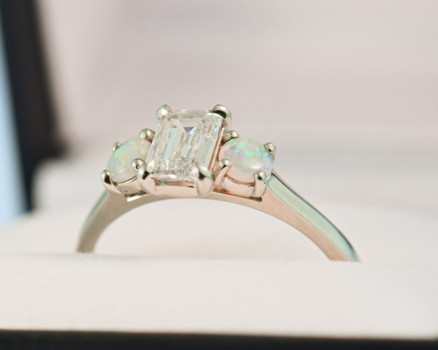 Lab-Created Emerald Cut Diamond & Opal Engagement Ring