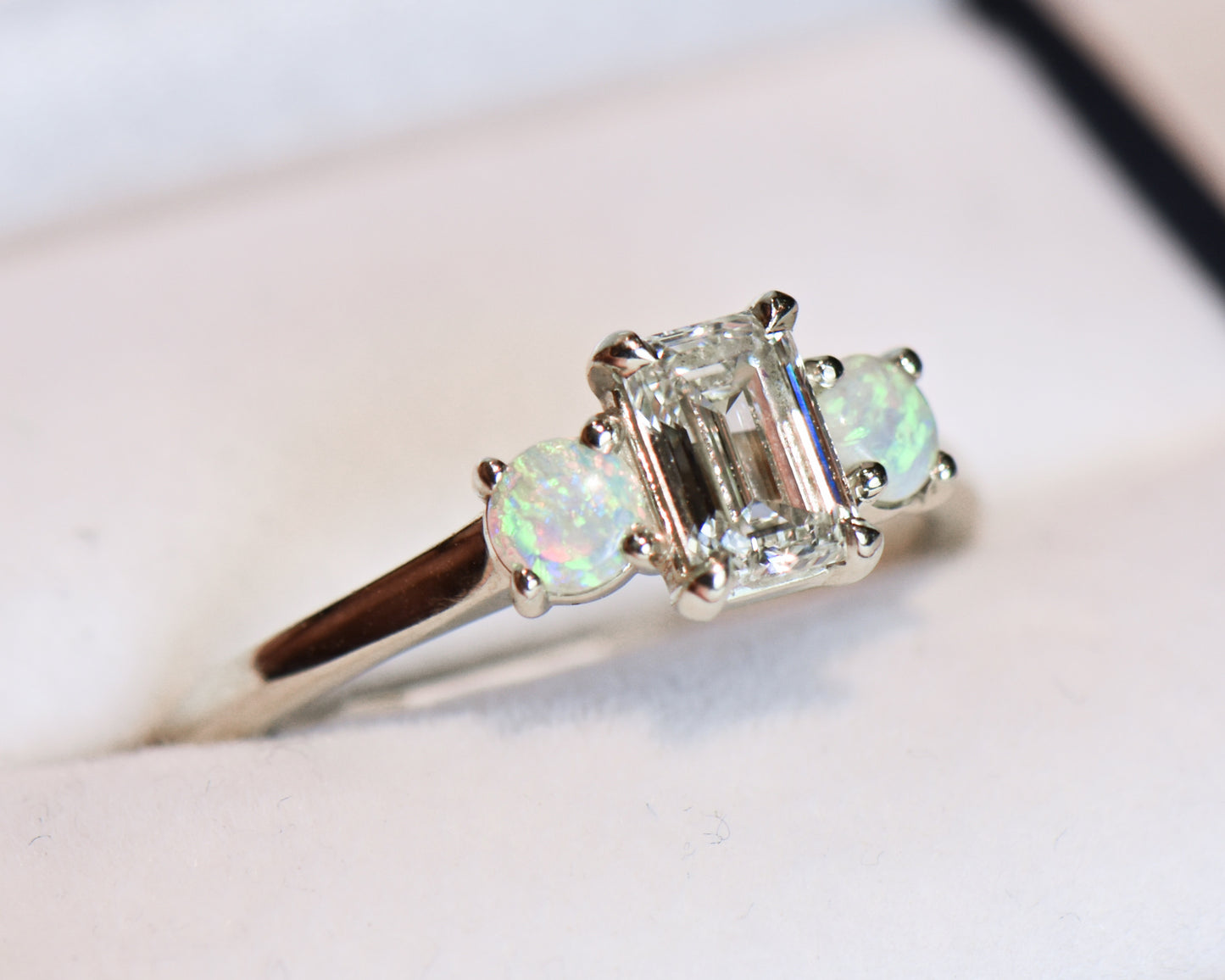 Lab-Created Emerald Cut Diamond & Opal Engagement Ring