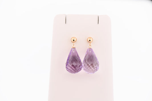 Large Amethyst Briolette Earrings in Yellow Gold
