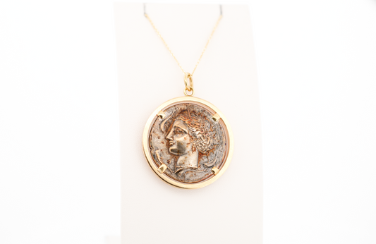 Large Ancient Greek Silver Coin Replica Set in 18k Gold Pendant