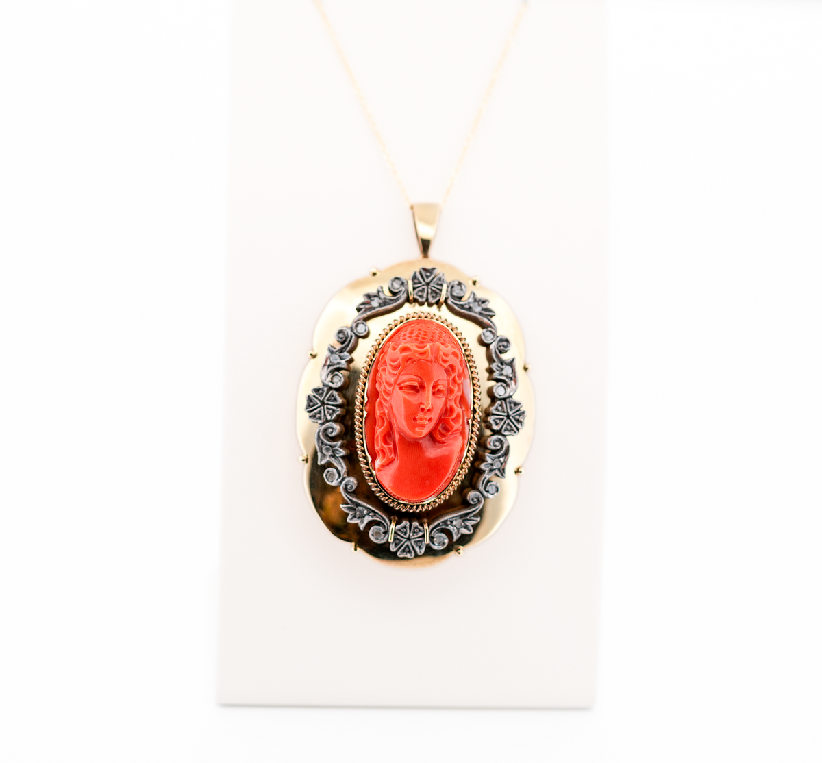 Large Antique Carved Coral Cameo with Rose Cut Diamond Frame in Yellow Gold