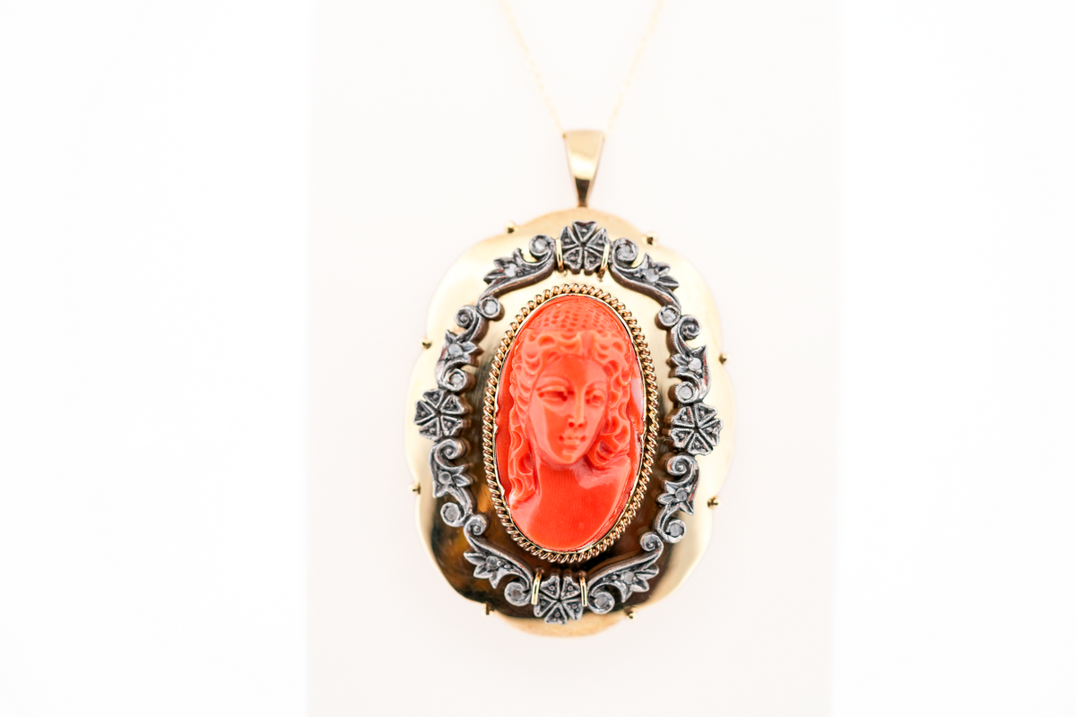 Large Antique Carved Coral Cameo with Rose Cut Diamond Frame in Yellow Gold
