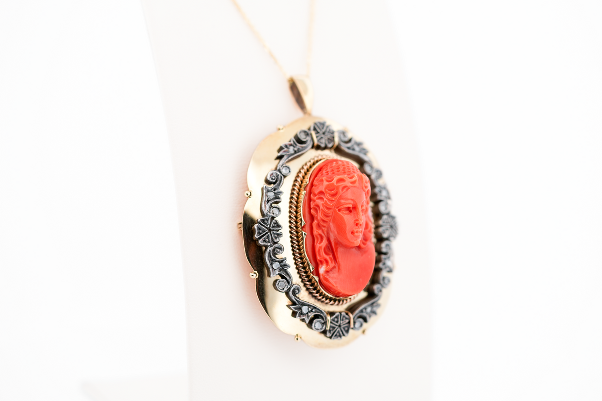 Large Antique Carved Coral Cameo with Rose Cut Diamond Frame in Yellow Gold