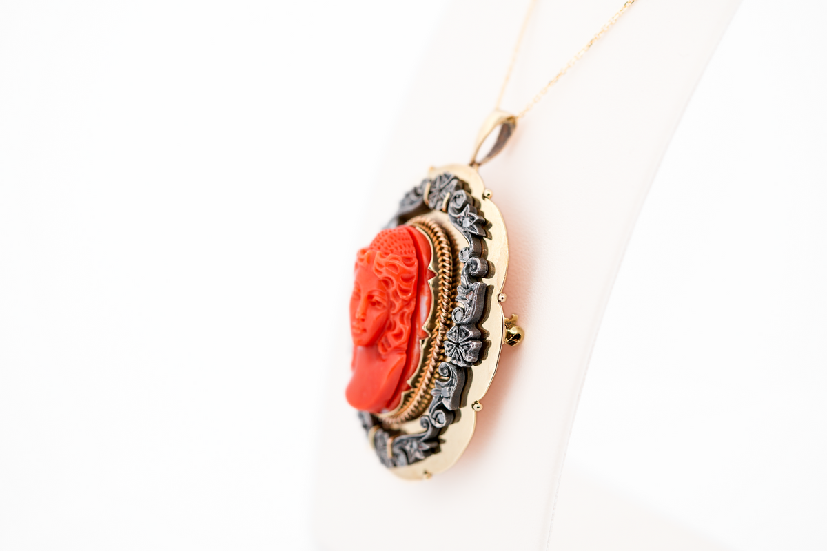 Large Antique Carved Coral Cameo with Rose Cut Diamond Frame in Yellow Gold