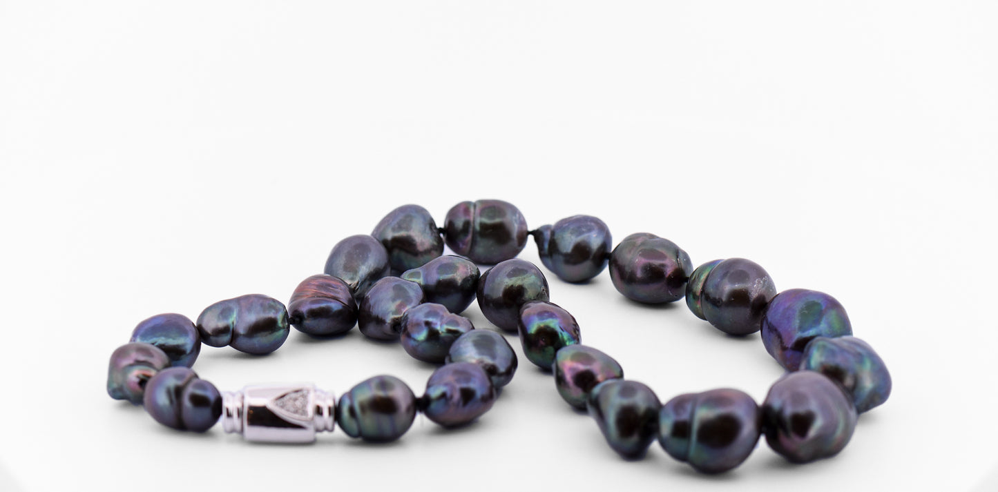 Large Baroque Tahitian Pearl Strand on 18k White Gold & Diamond Clasp