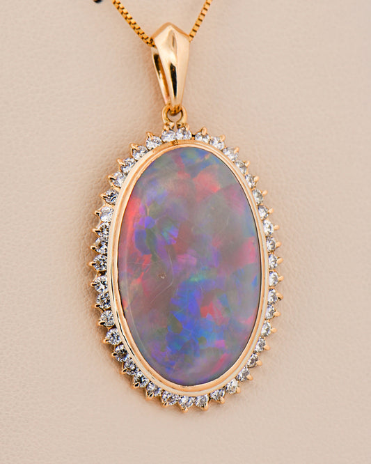 Large Opal Pendant with Diamond Halo in Yellow Gold