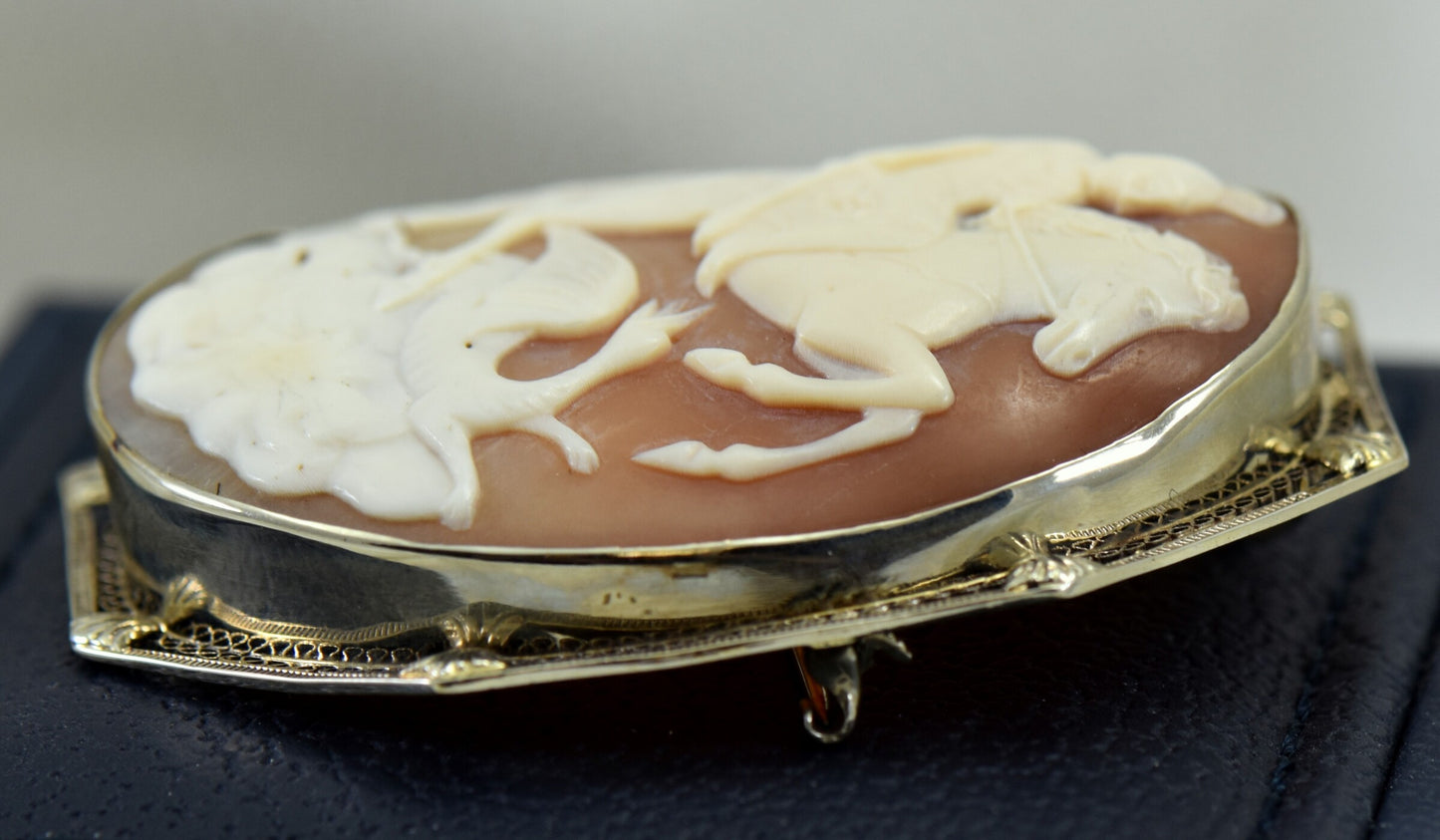 Art Deco Shell Cameo of St George in White Gold "Knight Slaying Dragon"