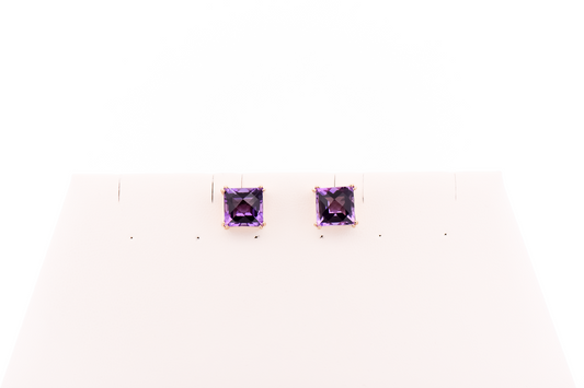 Large Square Amethyst Stud Earrings in 14k Yellow Gold