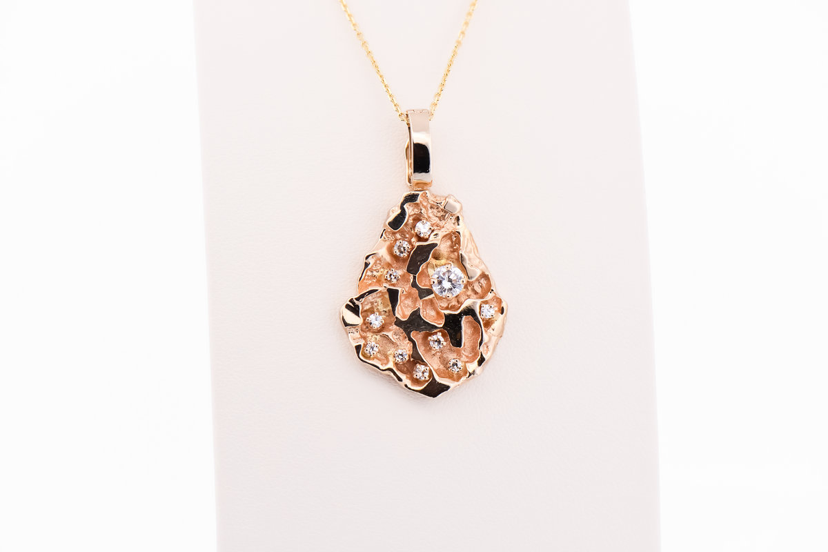 Large Vintage Poured Gold Nugget Pendant with Diamond Accents
