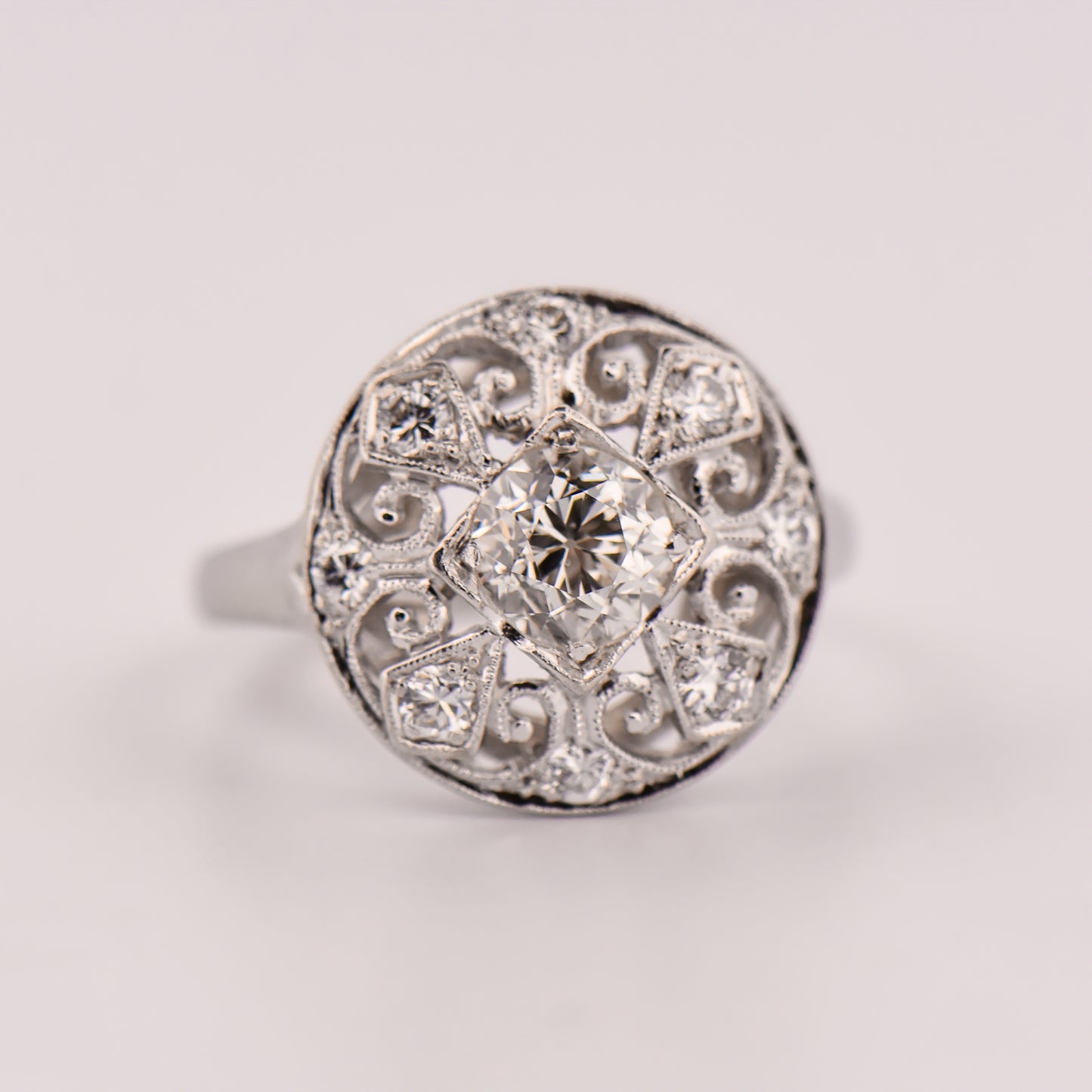Late Art Deco Round Diamond Filigree Ring- Bombe Style