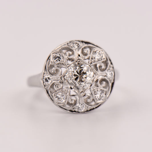 Late Art Deco Round Diamond Filigree Ring- Bombe Style