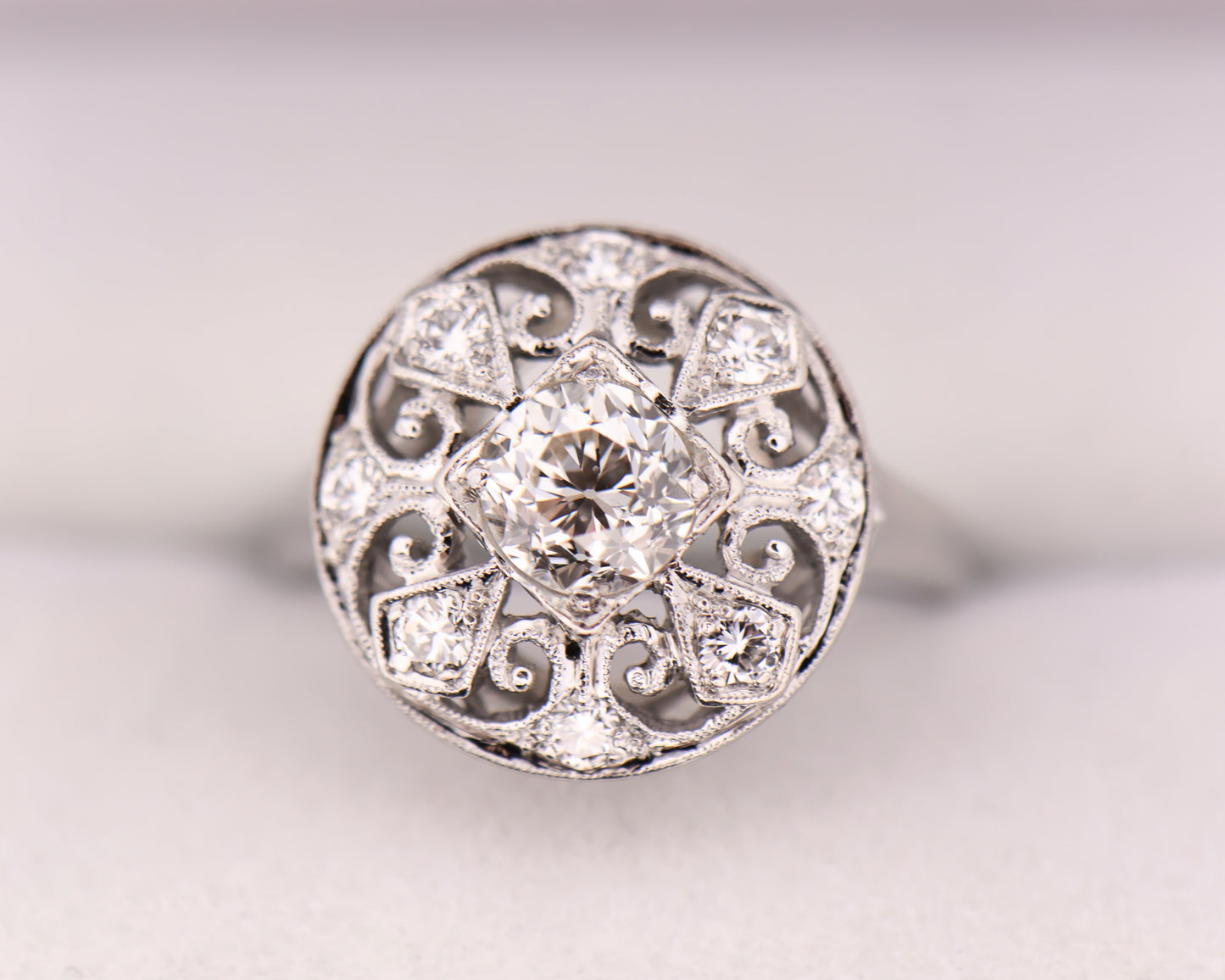 Late Art Deco Round Diamond Filigree Ring- Bombe Style