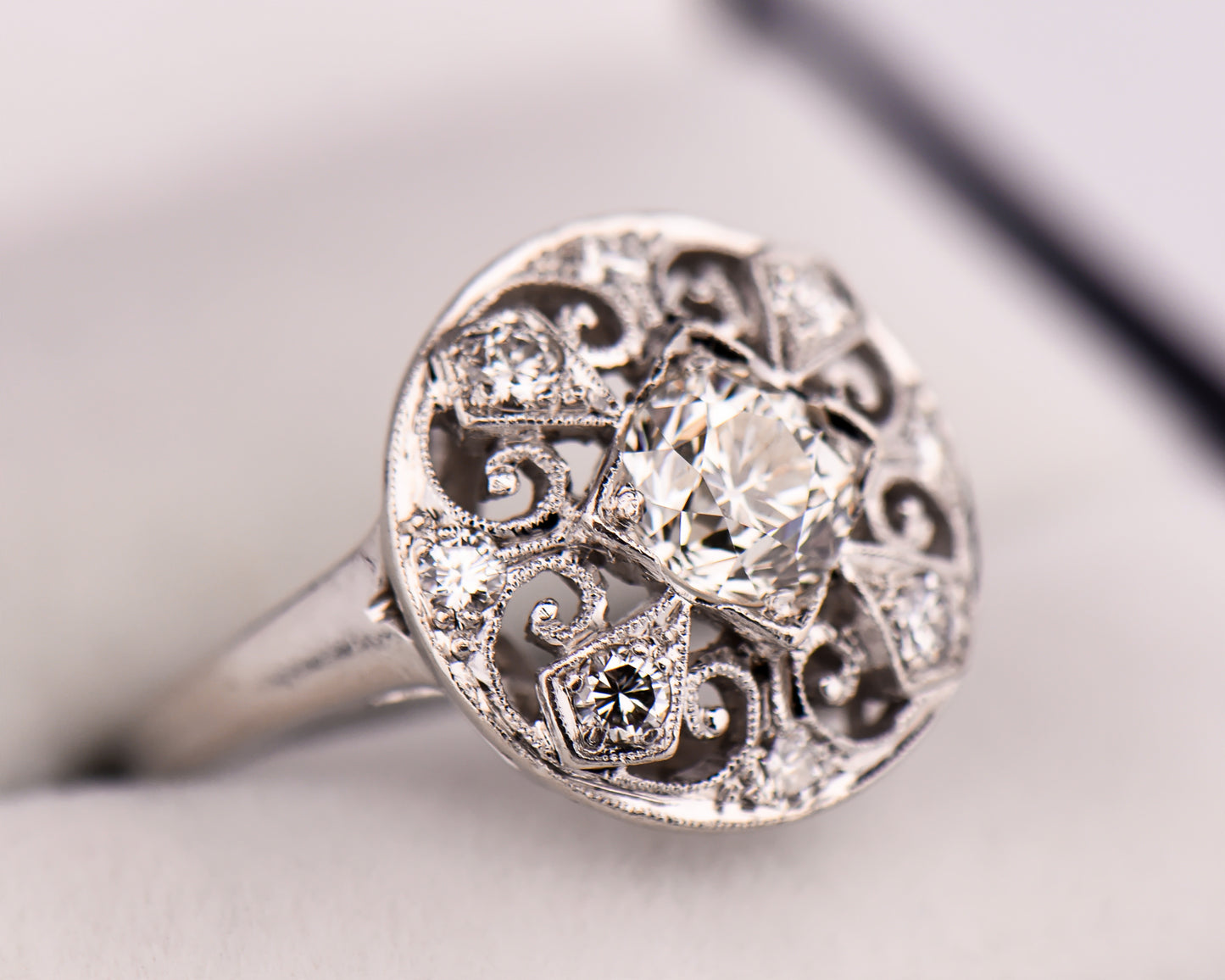 Late Art Deco Round Diamond Filigree Ring- Bombe Style