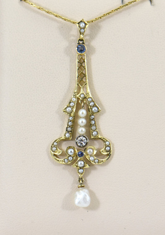 Edwardian Yellow Gold Lavalier w/ Pearls, Sapphire & Diamond