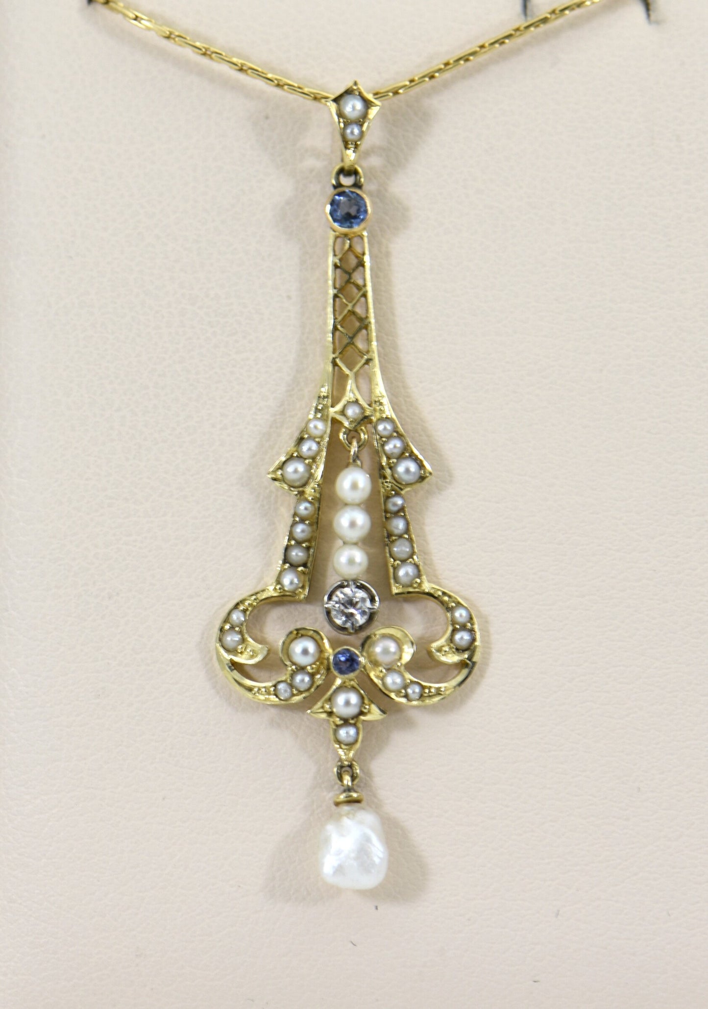 Edwardian Yellow Gold Lavalier w/ Pearls, Sapphire & Diamond