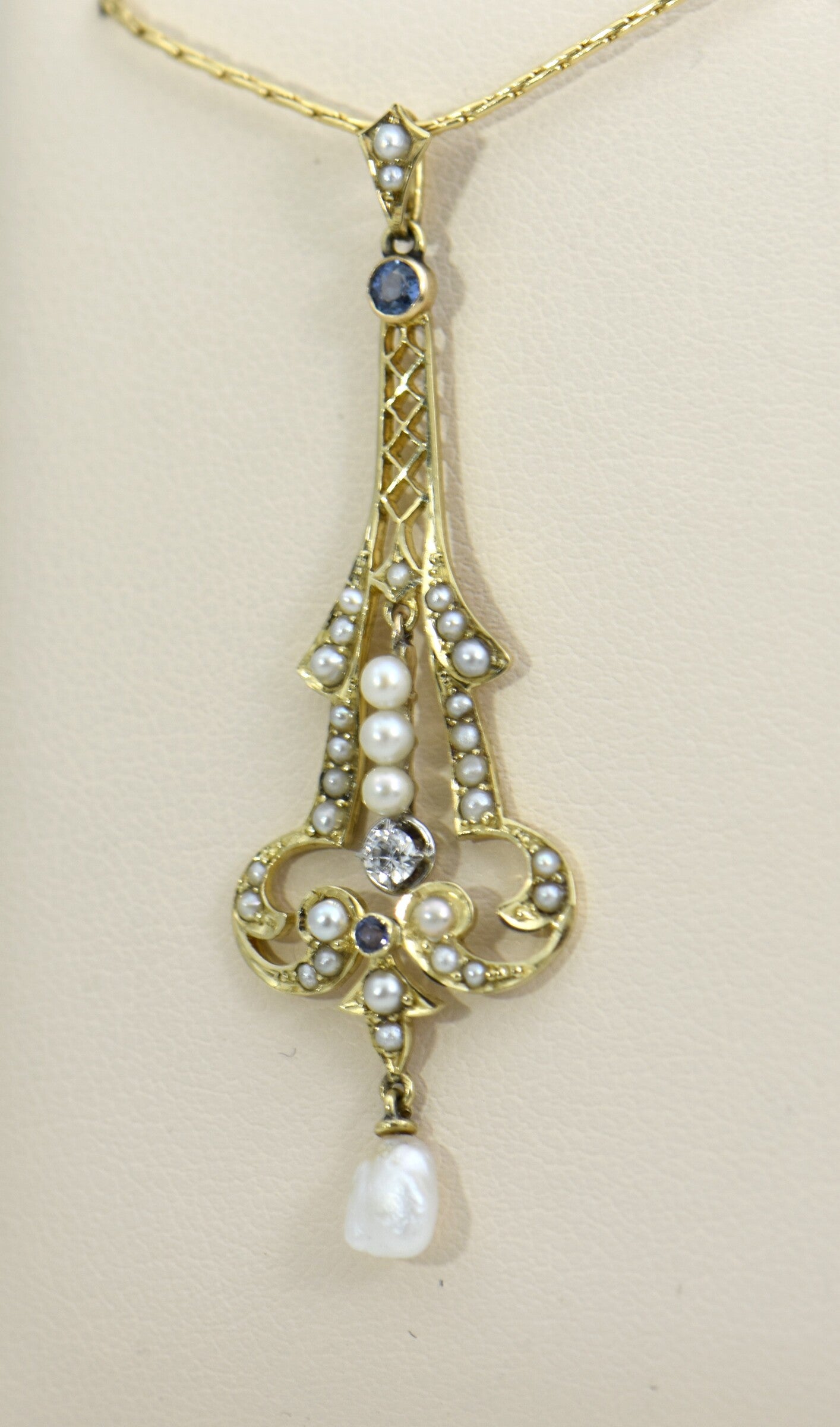 Edwardian Yellow Gold Lavalier w/ Pearls, Sapphire & Diamond