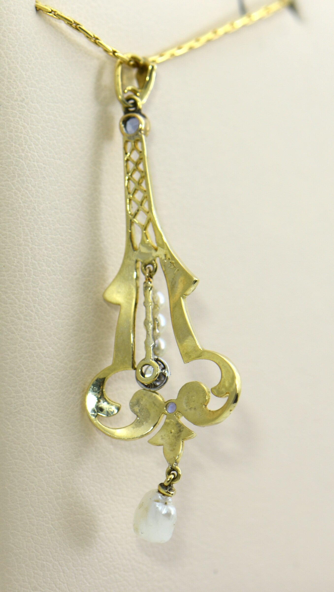 Edwardian Yellow Gold Lavalier w/ Pearls, Sapphire & Diamond