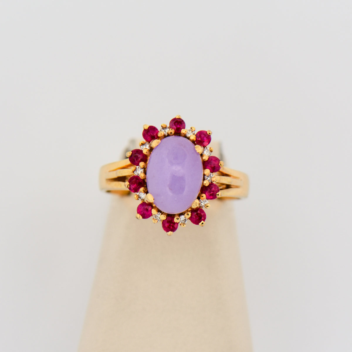 Lavender Jade Ring with Ruby & Diamond Halo