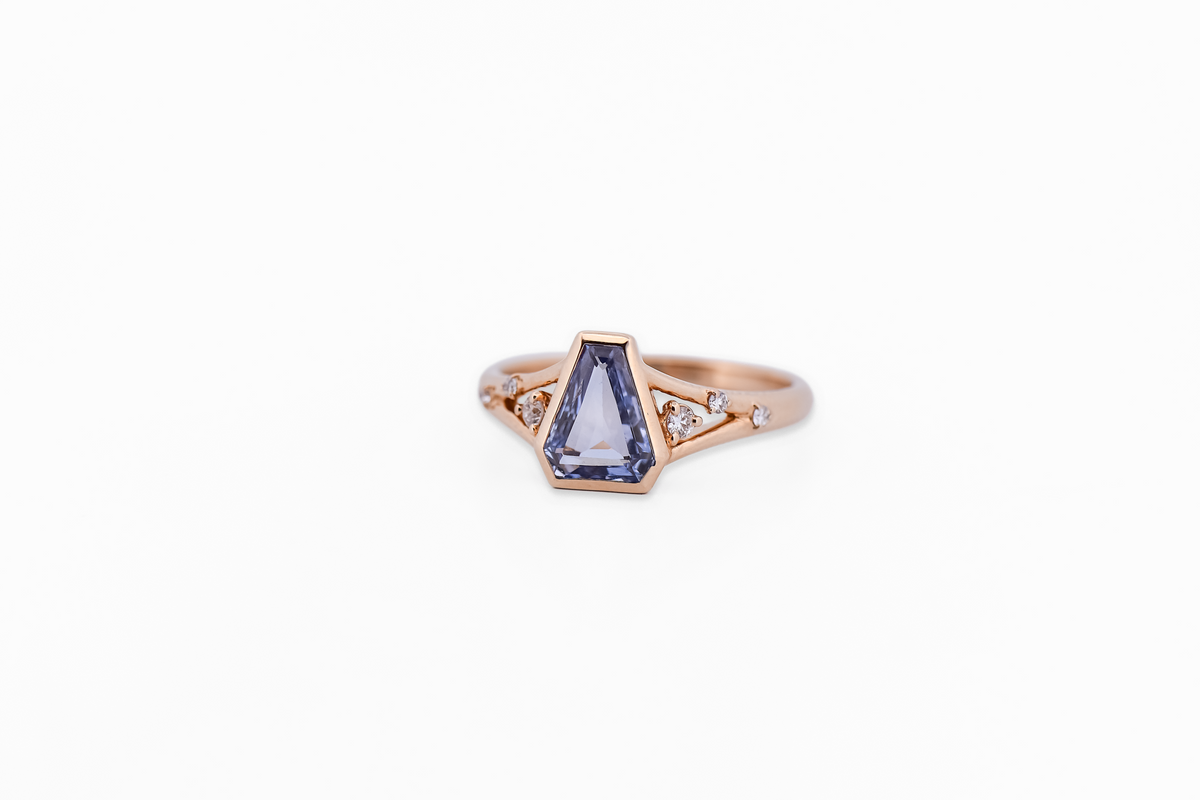 Low-Profile Engagement Ring with Periwinkle Sapphire Hexagon Bezel-Set in Yellow Gold