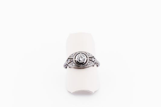 Low Profile Vintage Navette Ring with Bezel Set Old European Cut Diamond