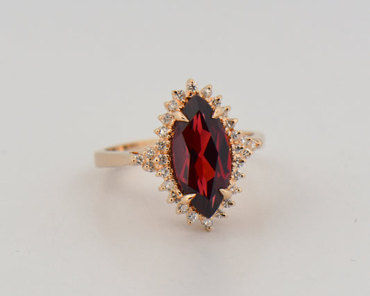 Vintage Halo Ring with Marquise Red Garnet & Diamonds
