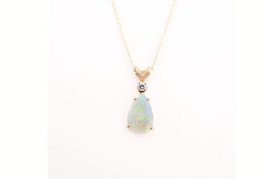 Mid-Century Crystal Opal & Diamond Pendant in Textured Yellow Gold