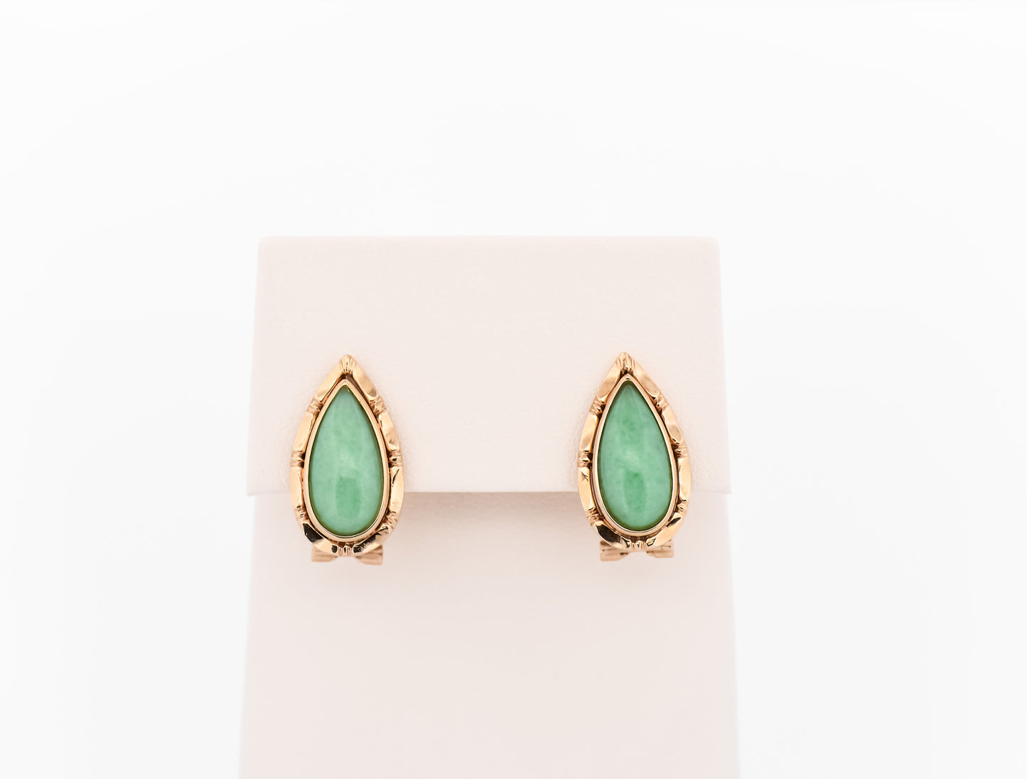 Mid-Century Green Jade Clip Earrings with Yellow Gold Frames
