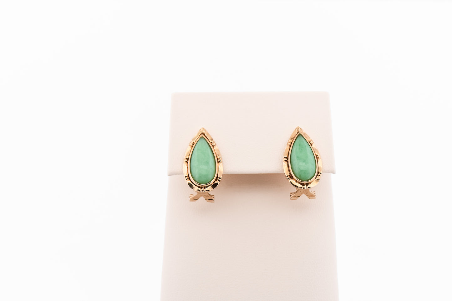 Mid-Century Green Jade Clip Earrings with Yellow Gold Frames