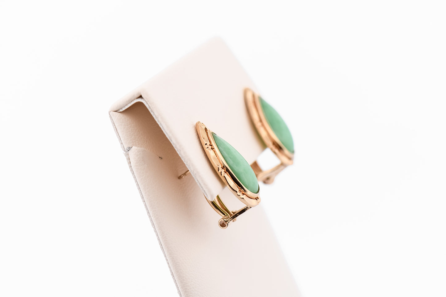 Mid-Century Green Jade Clip Earrings with Yellow Gold Frames