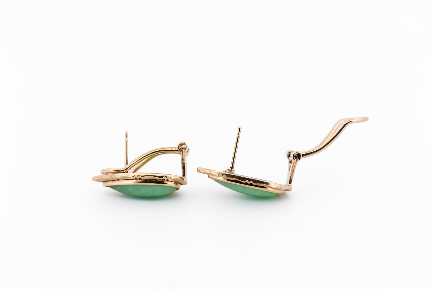 Mid-Century Green Jade Clip Earrings with Yellow Gold Frames