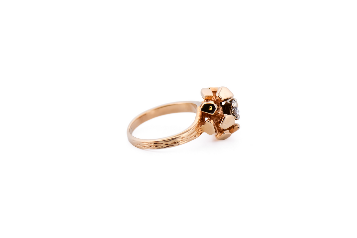 Mid-Century Modern Brutalist Diamond Engagement Ring - Gold Nugget Style