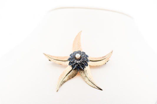 Mid Century Starfish Brooch With Sapphires & Pearls in Sterling & Yellow Gold