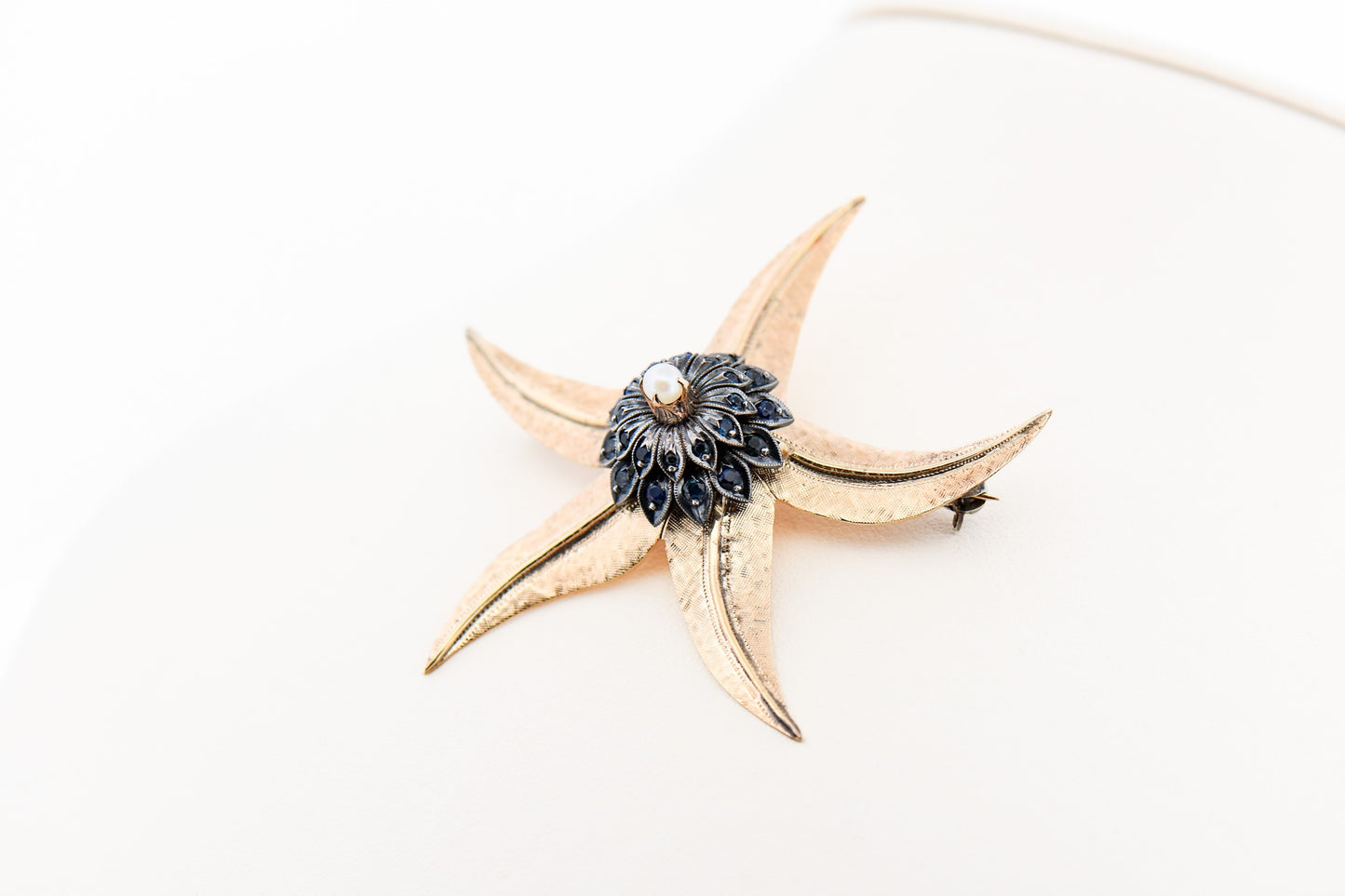 Mid Century Starfish Brooch With Sapphires & Pearls in Sterling & Yellow Gold