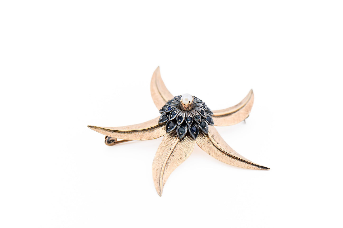 Mid Century Starfish Brooch With Sapphires & Pearls in Sterling & Yellow Gold