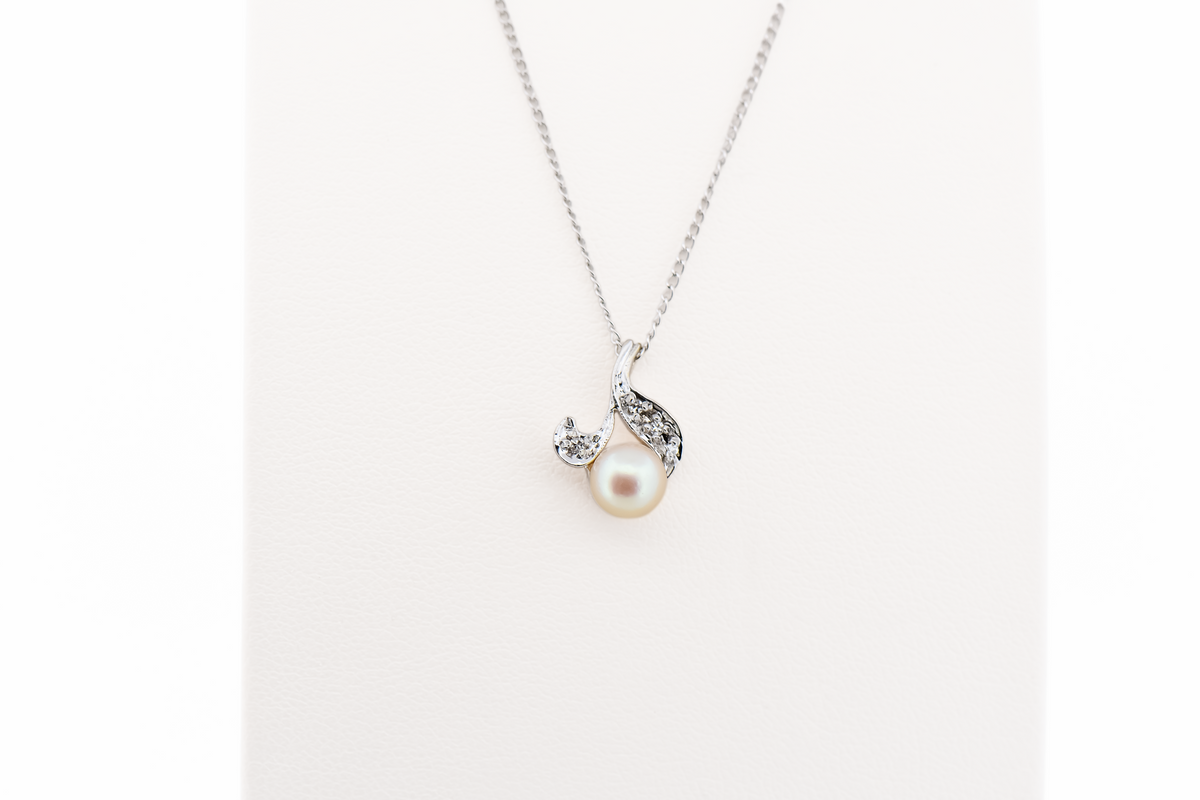 Mid-Century White Akoya Pearl & Diamond Pendant