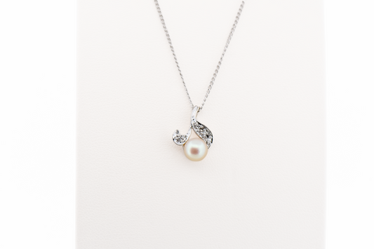 Mid-Century White Akoya Pearl & Diamond Pendant