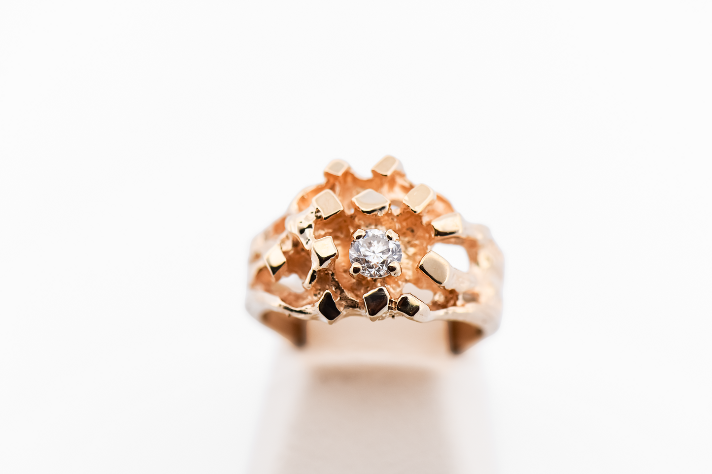 Mid-Century Yellow Gold & Diamond Nugget-Style Brutalist Cocktail Ring