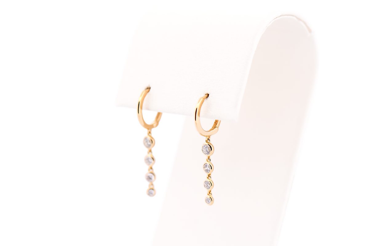 Modern 18k Yellow Gold Hoop Earrings with Bezel-Set Diamond Dangles