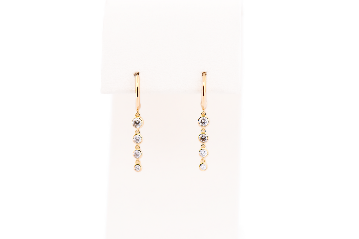 Modern 18k Yellow Gold Hoop Earrings with Bezel-Set Diamond Dangles