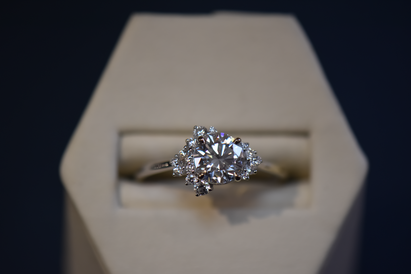 Modern Asymmetrical White Gold Engagement Ring with Lab Grown Diamond Center