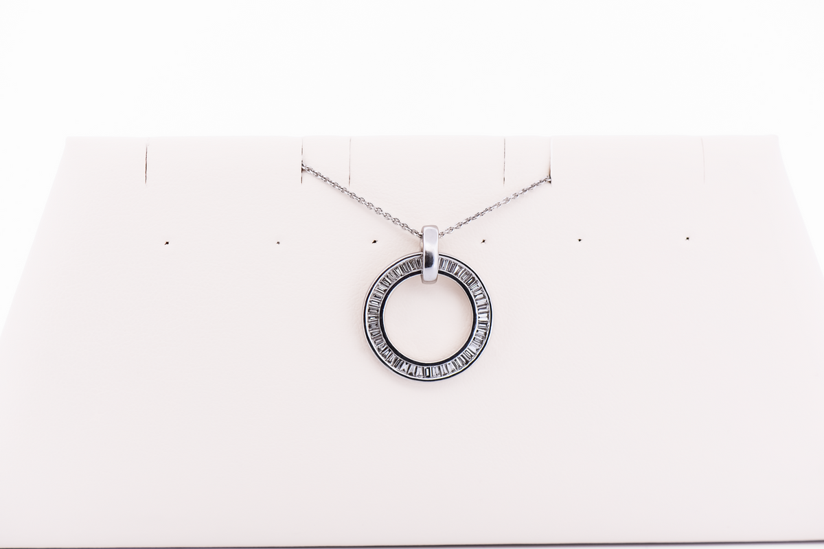 Modern Circle Pendant with Baguette Diamonds in White Gold