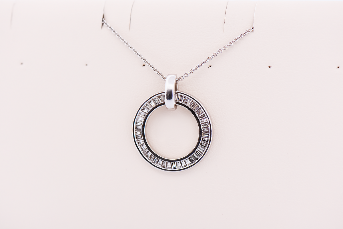 Modern Circle Pendant with Baguette Diamonds in White Gold