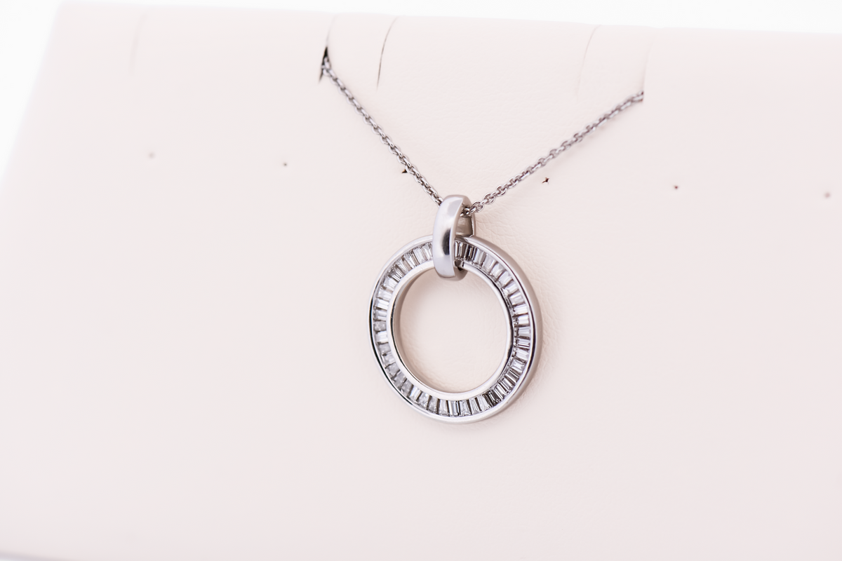 Modern Circle Pendant with Baguette Diamonds in White Gold