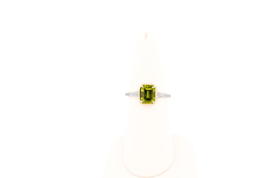 Modern Emerald Cut Peridot Ring with Diamond Accents in Yellow Gold