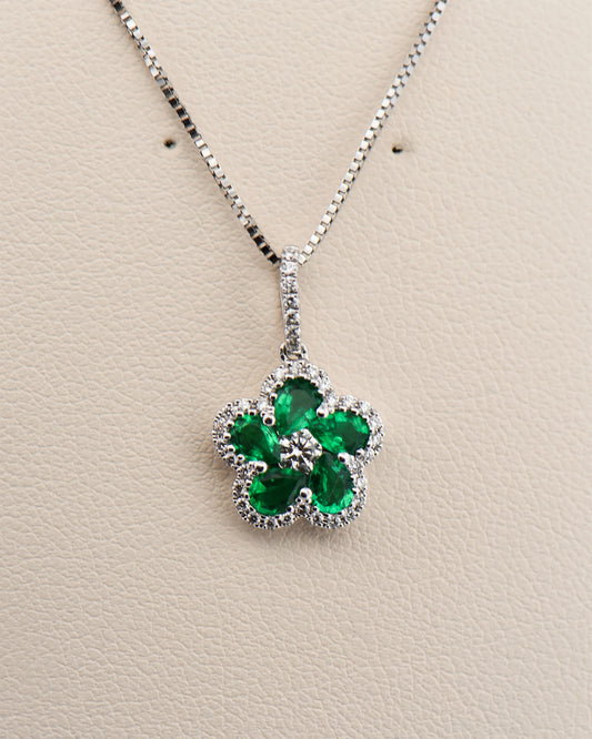 Modern Emerald & Diamond Flower Pendant in 18k White Gold